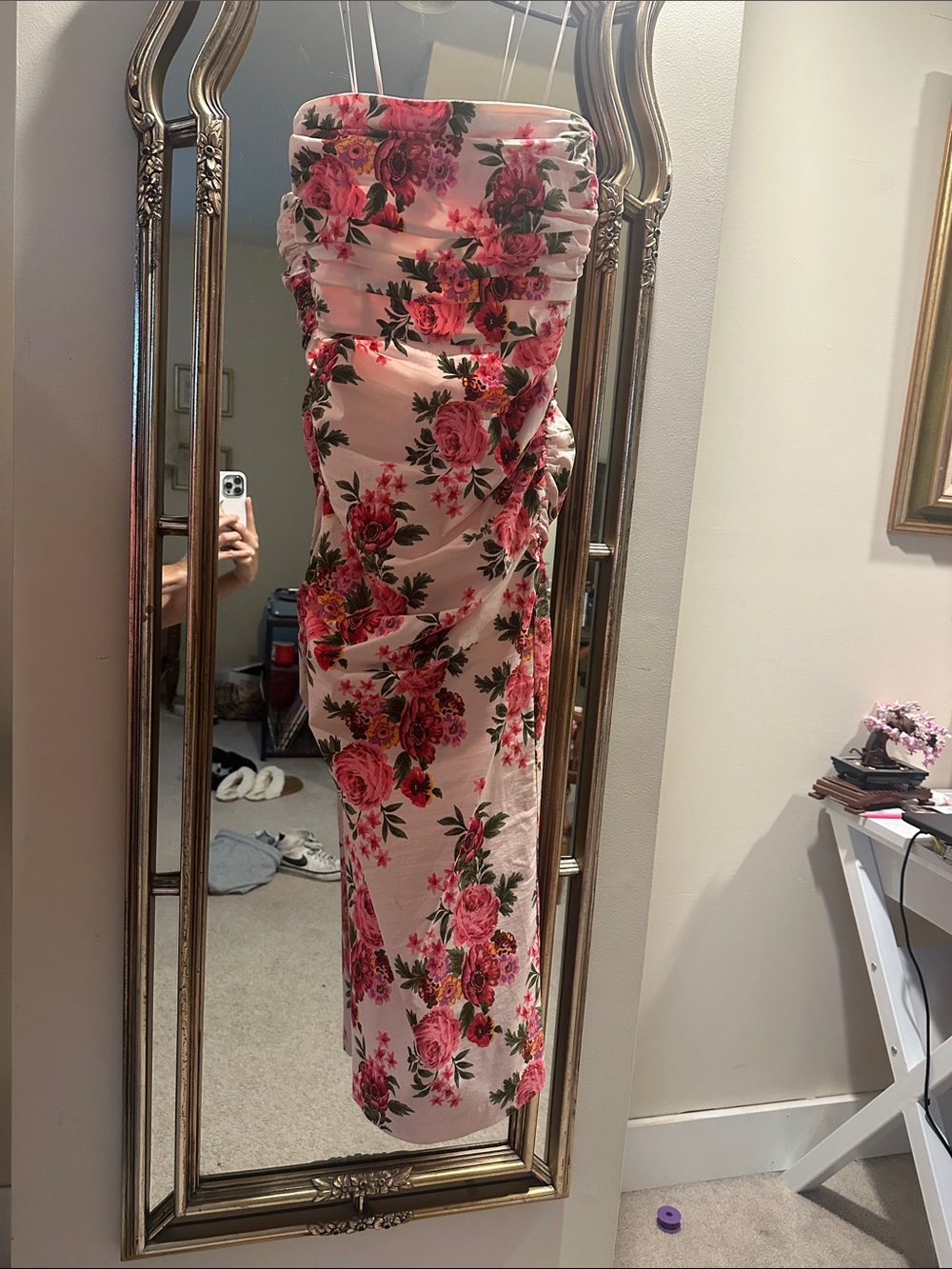 Anthropologie Pink Floral Strapless Ruched Midi Dress